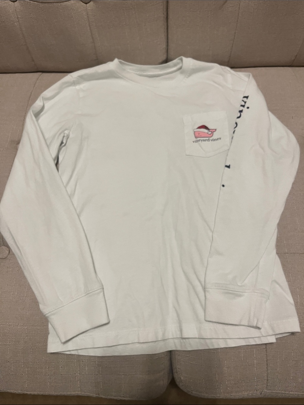 Vineyard Vines White Long-Sleeve Pocket Tee with Pink Whale Logo